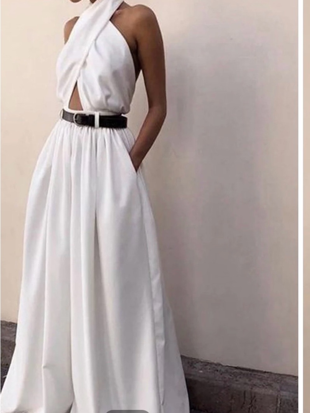 Commense Ivory Halter Cutout Wide-Leg Jumpsuit with Belt - Picture 3 of 9